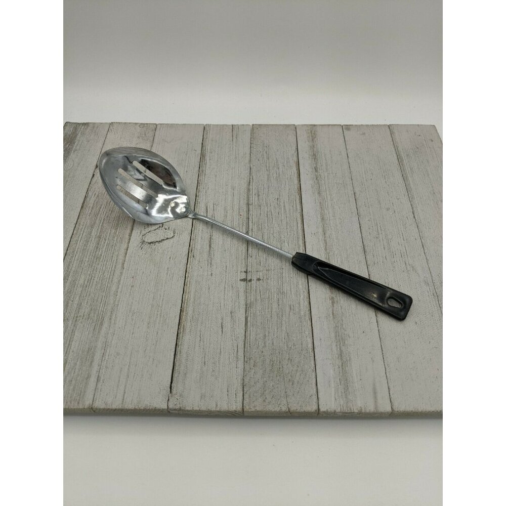 Vintage Ames 11" Slotted Serving Spoon #2 Black Handle Chrome Plated